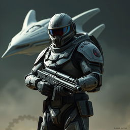 A futuristic soldier wearing advanced technological armor, holding an automatic weapon