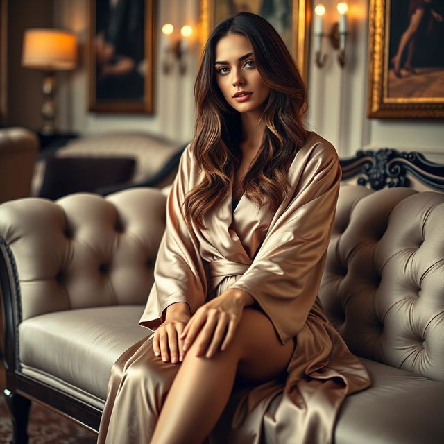 A woman with long brunette hair sitting elegantly on a luxurious sofa in a stylish, artistic setting