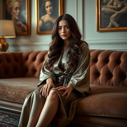 A woman with long brunette hair sitting elegantly on a luxurious sofa in a stylish, artistic setting