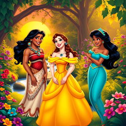 Moana, Belle, and Jasmine, portrayed as friends in a vibrant, harmonious setting