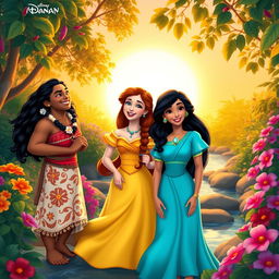 Moana, Belle, and Jasmine, portrayed as friends in a vibrant, harmonious setting