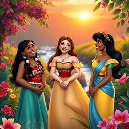 Moana, Belle, and Jasmine, portrayed as friends in a vibrant, harmonious setting