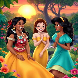 Moana, Belle, and Jasmine, portrayed as friends in a vibrant, harmonious setting