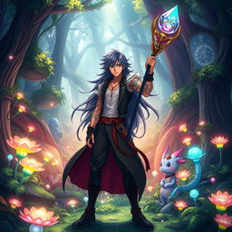 Anime-inspired scene featuring a fantastical world with vibrant colors and imaginative creatures, set in a lush, enchanted forest filled with magical glowing plants