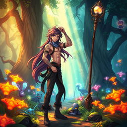 Anime-inspired scene featuring a fantastical world with vibrant colors and imaginative creatures, set in a lush, enchanted forest filled with magical glowing plants