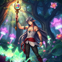 Anime-inspired scene featuring a fantastical world with vibrant colors and imaginative creatures, set in a lush, enchanted forest filled with magical glowing plants