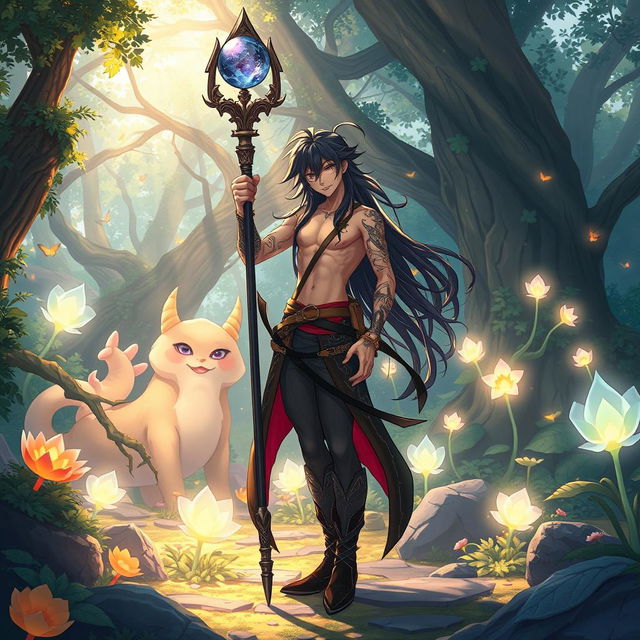 Anime-inspired scene featuring a fantastical world with vibrant colors and imaginative creatures, set in a lush, enchanted forest filled with magical glowing plants