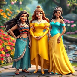 Moana, Belle, and Jasmine standing together, exuding grace and confidence