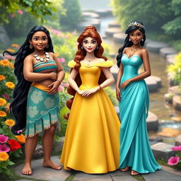 Moana, Belle, and Jasmine standing together, exuding grace and confidence