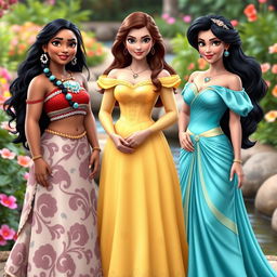 Moana, Belle, and Jasmine standing together, exuding grace and confidence