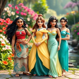 Moana, Belle, and Jasmine standing together, exuding grace and confidence