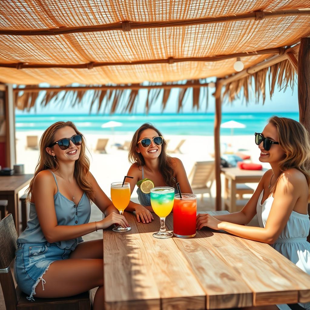 Three young women enjoying a leisurely afternoon at a cozy beachside café