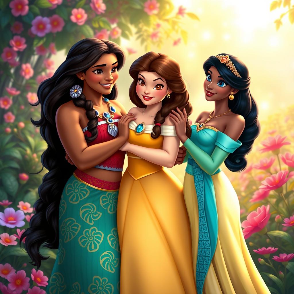 Moana, Belle, and Jasmine warmly embracing each other, showcasing friendship and warmth