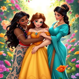 Moana, Belle, and Jasmine warmly embracing each other, showcasing friendship and warmth