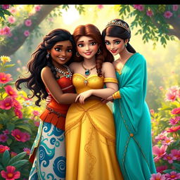 Moana, Belle, and Jasmine warmly embracing each other, showcasing friendship and warmth