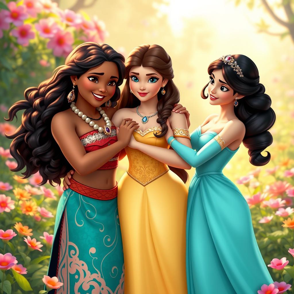 Moana, Belle, and Jasmine warmly embracing each other, showcasing friendship and warmth