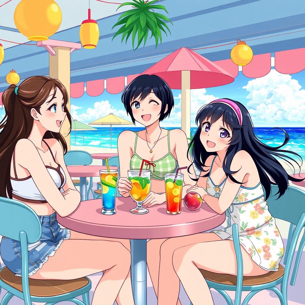 Anime-style illustration of three young women sitting at a beachside café