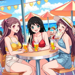 Anime-style illustration of three young women sitting at a beachside café