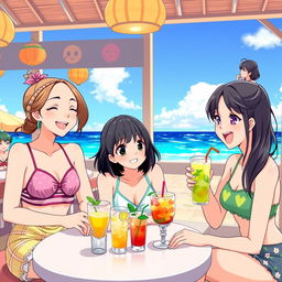 Anime-style illustration of three young women sitting at a beachside café