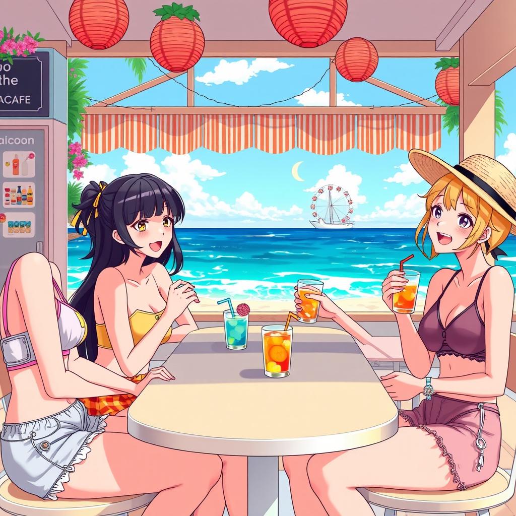 Anime-style illustration of three young women sitting at a beachside café