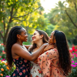 Three people in a passionate embrace, their expressions conveying deep love and connection