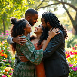 Three people in a passionate embrace, their expressions conveying deep love and connection