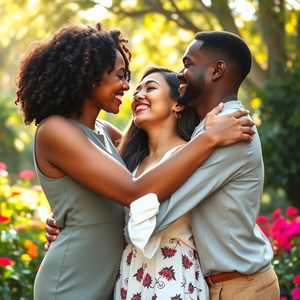 Three people in a passionate embrace, their expressions conveying deep love and connection