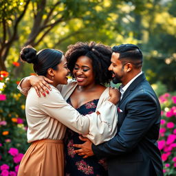 Three people in a passionate embrace, their expressions conveying deep love and connection