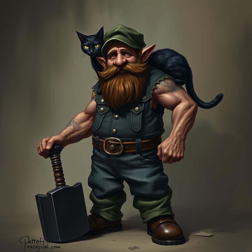 A dark dwarf wearing an Irish flat cap and jeans overalls, standing confidently with a large black warhammer