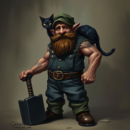 A dark dwarf wearing an Irish flat cap and jeans overalls, standing confidently with a large black warhammer
