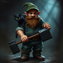 A dark dwarf wearing an Irish flat cap and jeans overalls, standing confidently with a large black warhammer