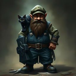 A dark dwarf wearing an Irish flat cap and jeans overalls, standing confidently with a large black warhammer