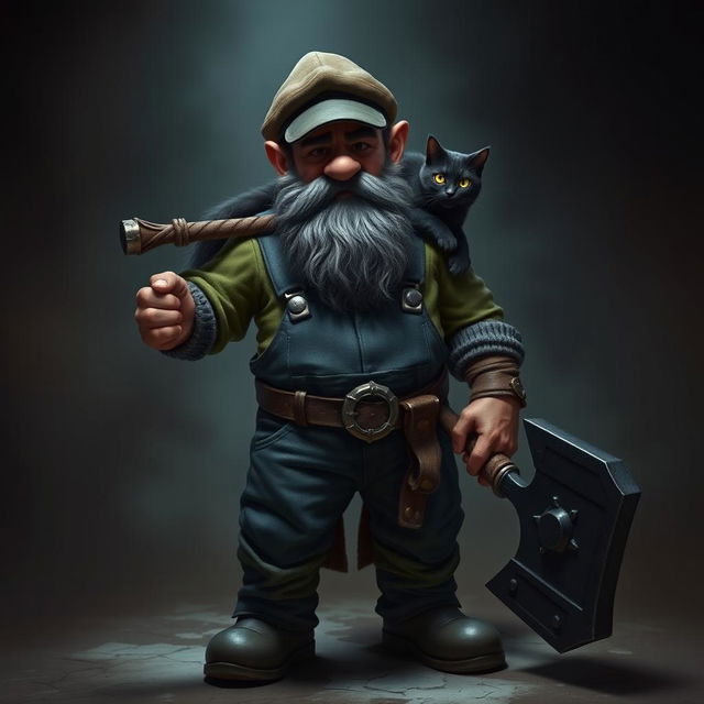 A dark dwarf wearing an Irish flat cap and jeans overalls, standing confidently with a large black warhammer