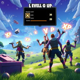 A dynamic and colorful scene from Fortnite showcasing characters leveling up