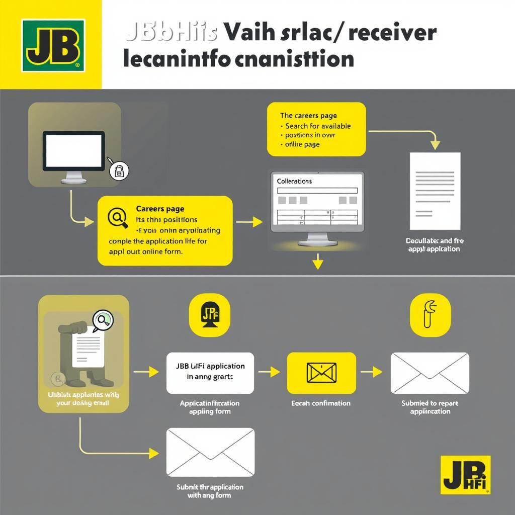 Create a detailed diagram showcasing the JB Hi-Fi job application process in Australia, including steps for submitting an application through their online form