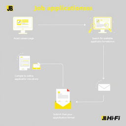 Create a detailed diagram showcasing the JB Hi-Fi job application process in Australia, including steps for submitting an application through their online form