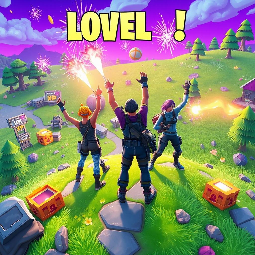 A dynamic and colorful scene from Fortnite showcasing characters leveling up