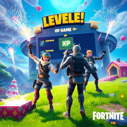 A dynamic and colorful scene from Fortnite showcasing characters leveling up