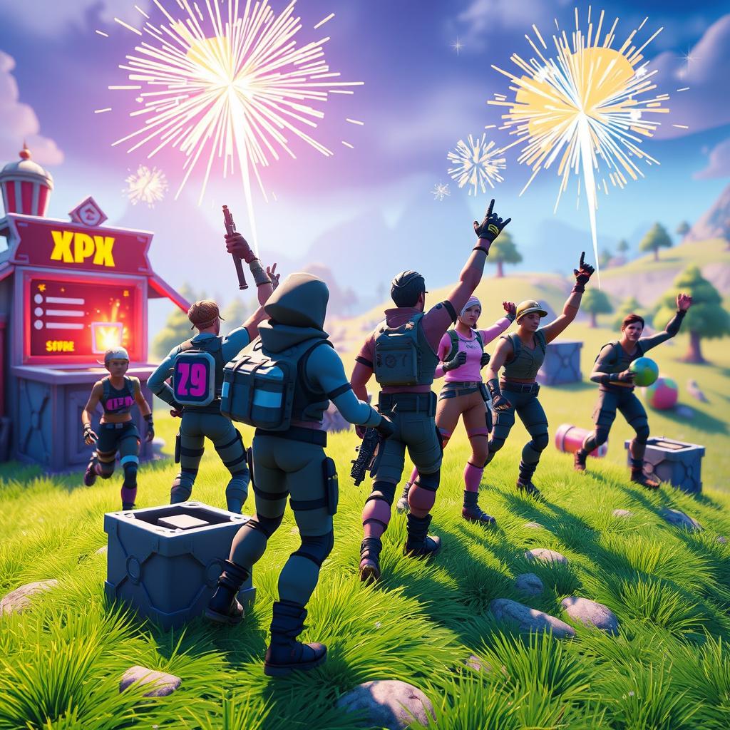 A dynamic and colorful scene from Fortnite showcasing characters leveling up