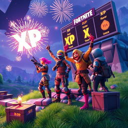 A dynamic and colorful scene from Fortnite showcasing characters leveling up