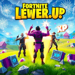 A dynamic and colorful scene from Fortnite showcasing characters leveling up