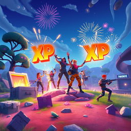 A dynamic and colorful scene from Fortnite showcasing characters leveling up