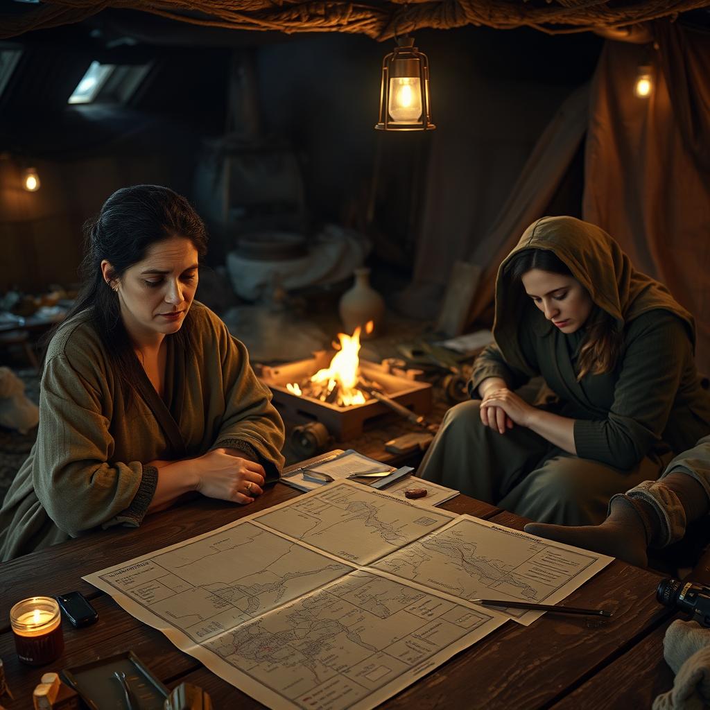 After battle scene in a camp, featuring two historical women