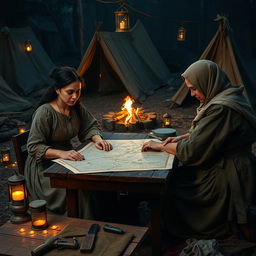 After battle scene in a camp, featuring two historical women