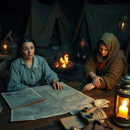 After battle scene in a camp, featuring two historical women