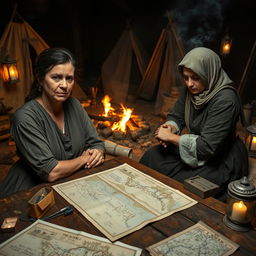 After battle scene in a camp, featuring two historical women