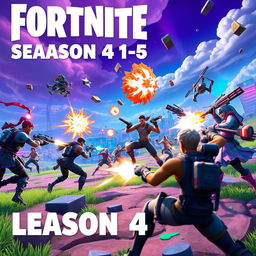 An action-packed scene from Fortnite Season 4 Chapter 5, showcasing a group of diverse characters engaging in an intense battle