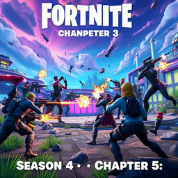 An action-packed scene from Fortnite Season 4 Chapter 5, showcasing a group of diverse characters engaging in an intense battle