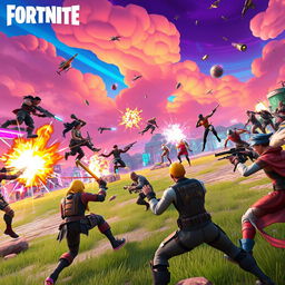 An action-packed scene from Fortnite Season 4 Chapter 5, showcasing a group of diverse characters engaging in an intense battle