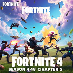 An action-packed scene from Fortnite Season 4 Chapter 5, showcasing a group of diverse characters engaging in an intense battle